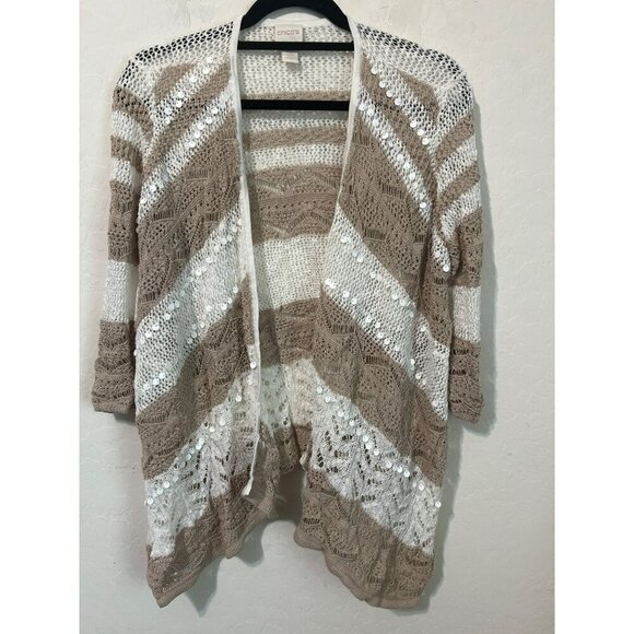 Chico's Sz 2 (US L 12) Open Front Knit Cardigan Beige White Stripe Sequin Detail - Picture 1 of 7